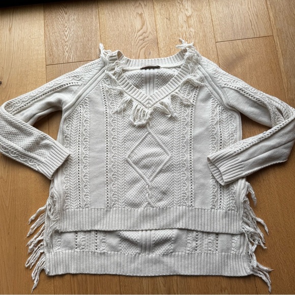 TWIN-SET MILANO KNITTED WOOL SWEATER WITH "V" NECKLINE FRINGE HEM CREAM- L - Picture 6 of 15
